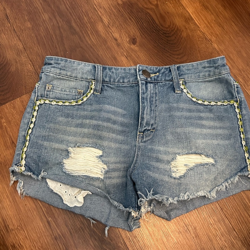 Free People Blue Distressed Jean Shorts